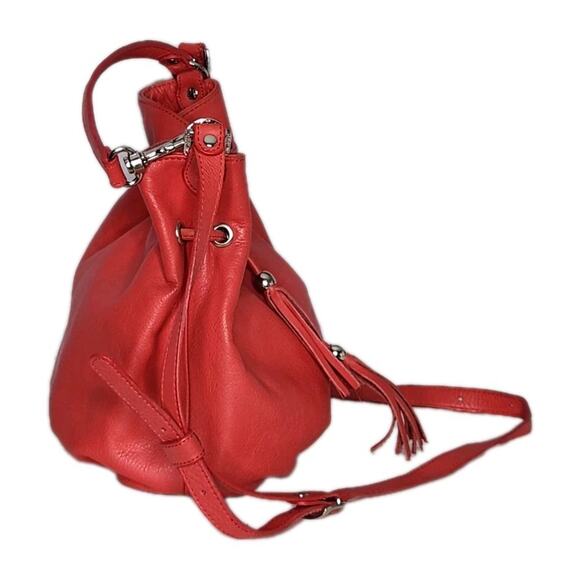Vintage Y2K Lancaster Paris Red Bucket Drawstring Leather Crossbody bag - Picture 4 of 13